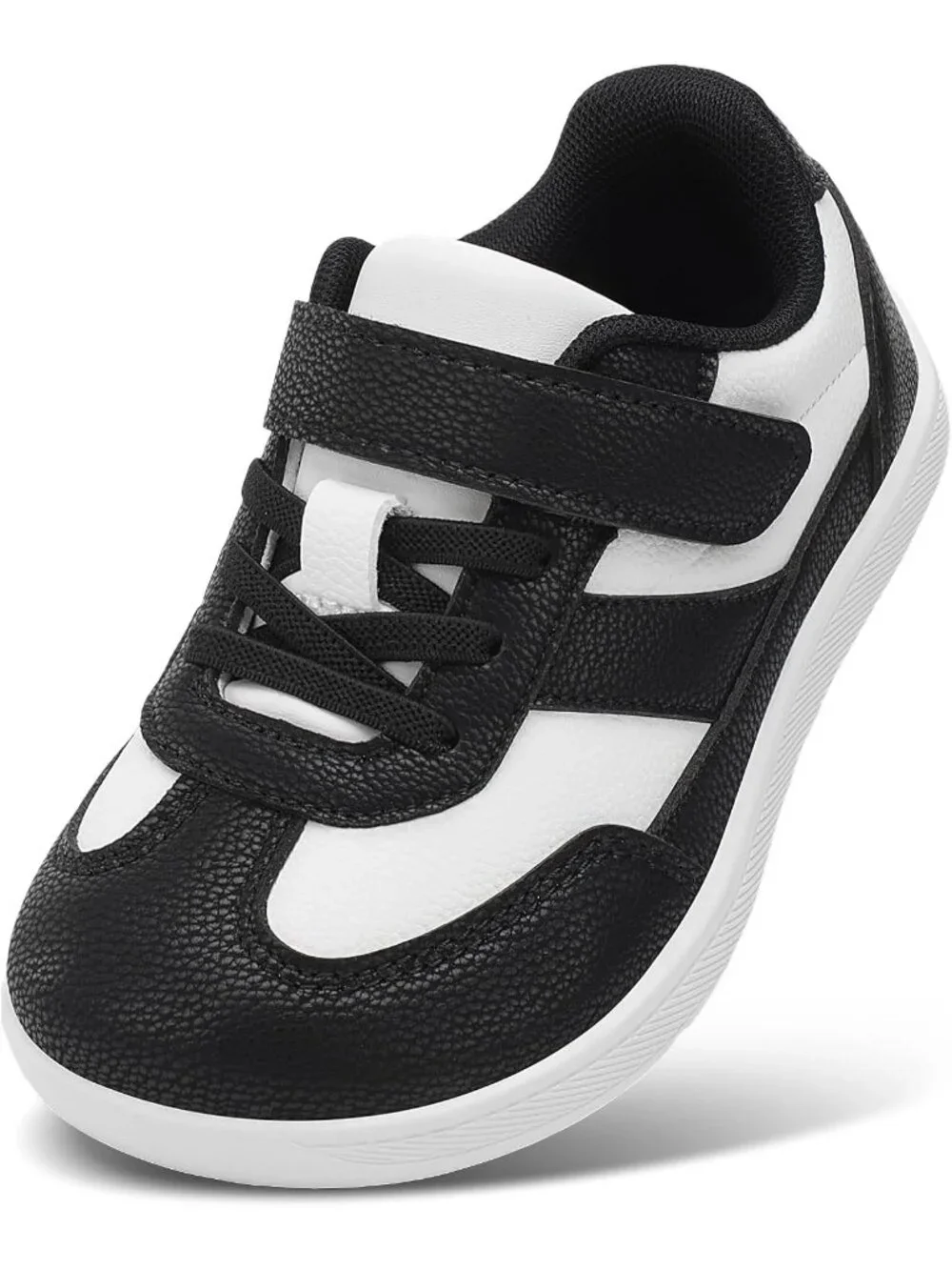 Toddler Black White Faux Leather Boys Girls Wide Toe Zero Drop Barefoot Sneakers